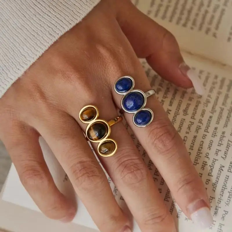 KIKA Vintage Tiger Eye Lapis Lazuli Stone Open Rings For Women 18K Gold PVD Plated Stainless Steel Rings Fashion Jewelry Gift