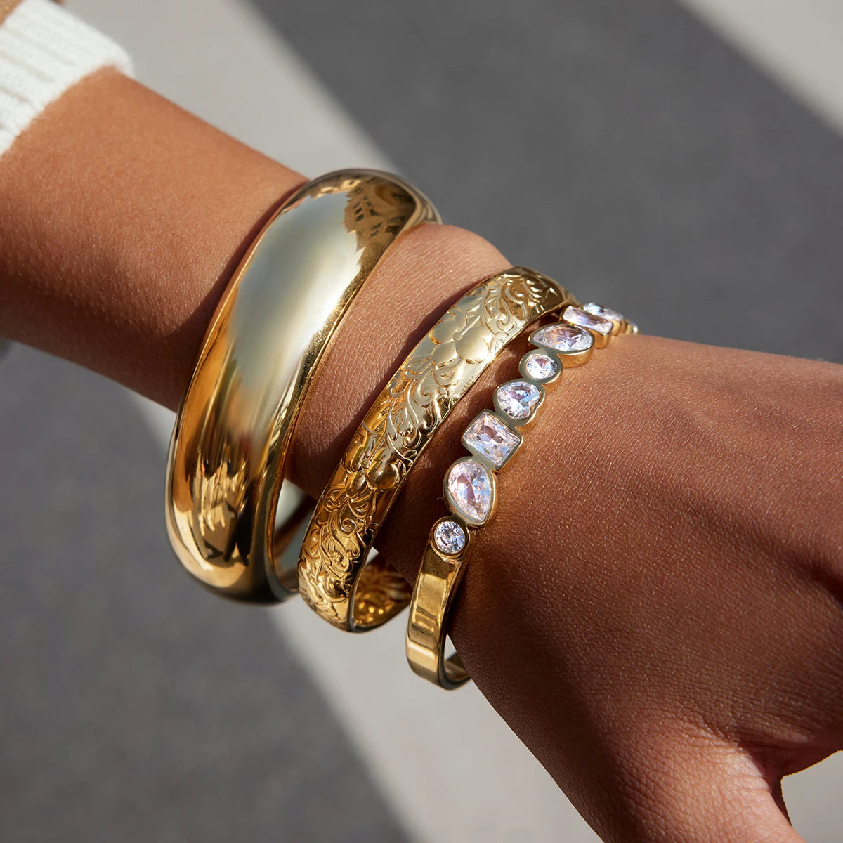 Vintage Flower Textured Open Bracelet Plated Gold Color Stainless Steel Bracelets