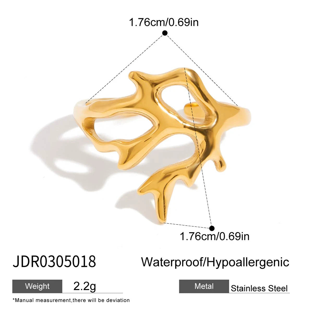 KIKA  Vacation Ocean Wind 18K Gold Color Plated Stainless Steel 316L Hollow Shell Ring Starfish Coral Stackable Ring