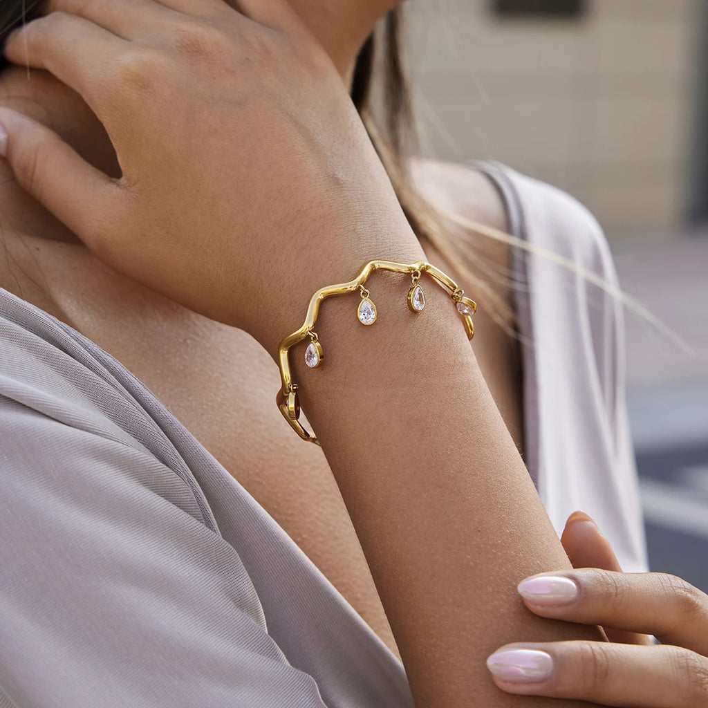 KIKA Water Drop Zircon Wave Shape Cuff Bracelet PVD 18K Gold Plated Stainless Steel 316L