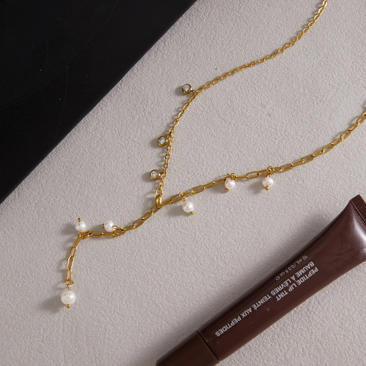 Kika Freshwater Pearl Zircon Pendant Y Shape Chain Necklace 18K Gold PVD Plated Stainless Steel 316L