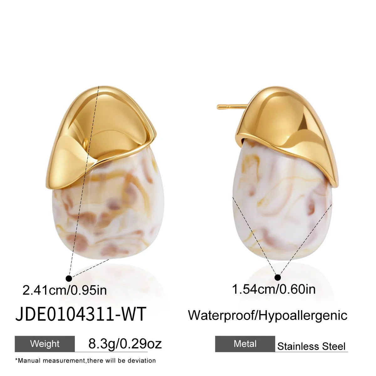 Kika Classic Water Drop Resin Stud Earrings For Women Minimalist 18K Gold Plated Stainless Steel 316L
