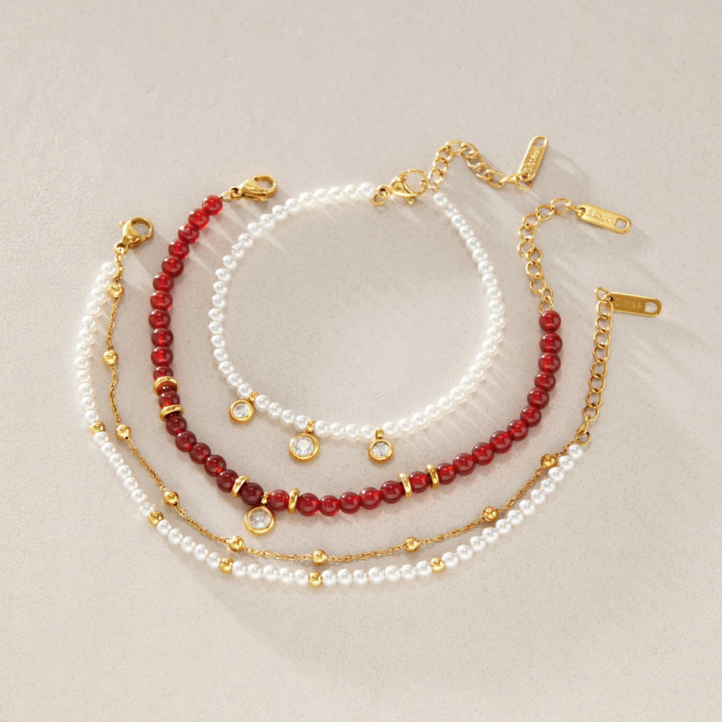KIKA  Red Agate Stone Imitation Pearl Beaded Bracelet  18K Gold Plated Stainless Steel 316L