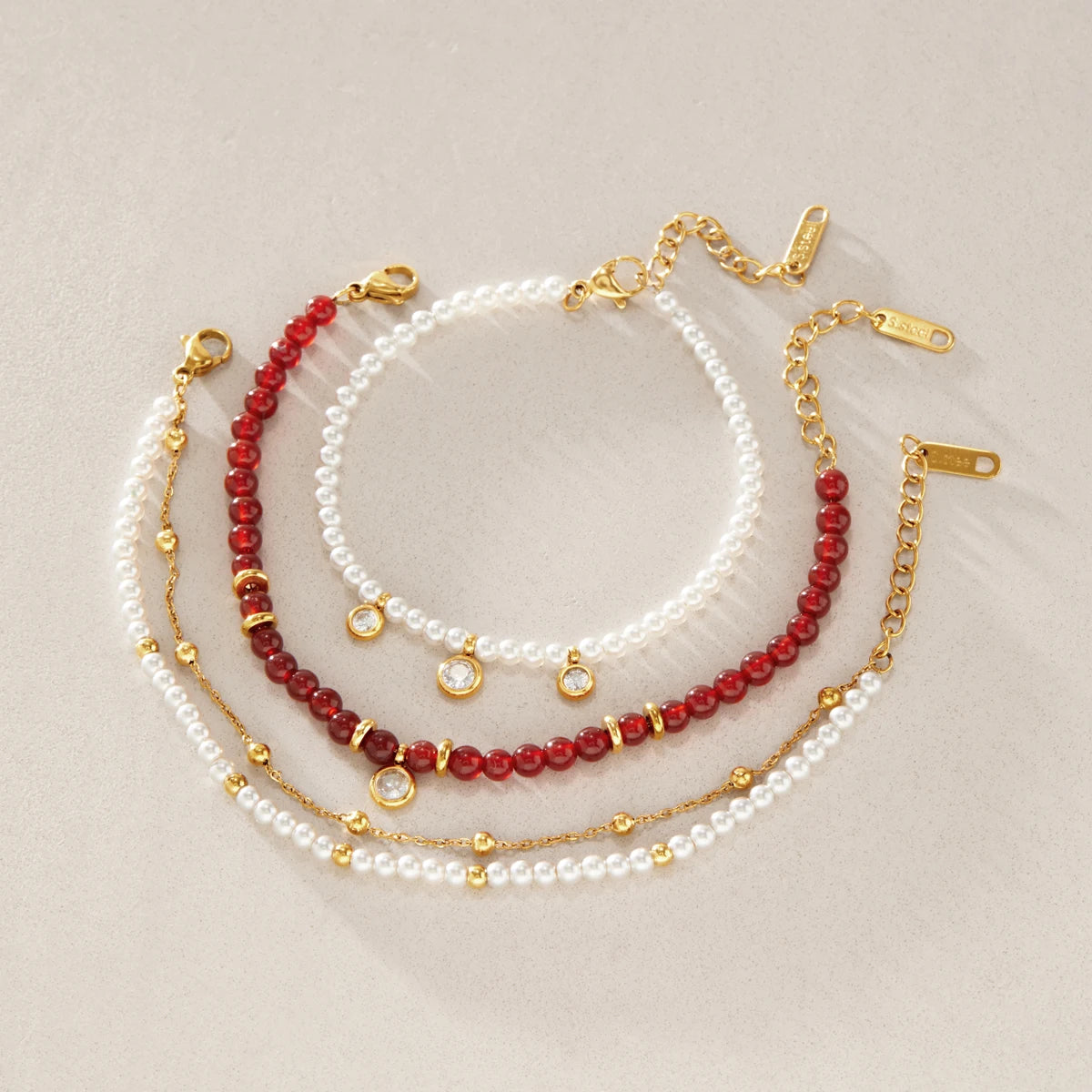 KIKA  Red Agate Stone Imitation Pearl Beaded Bracelet  18K Gold Plated Stainless Steel 316L