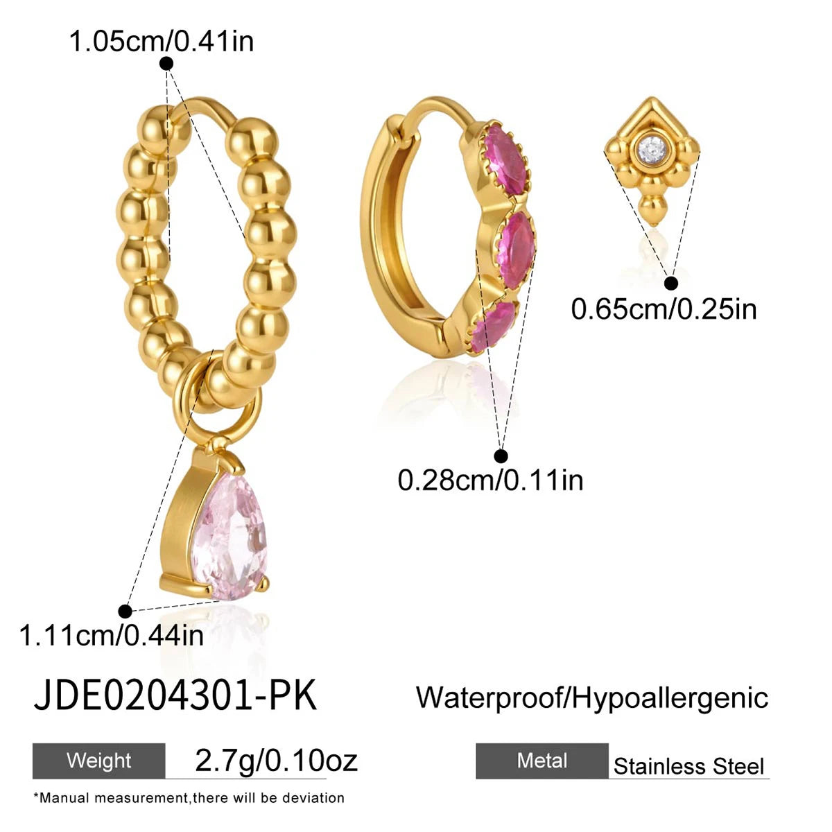KIKA 3 Pcs/Set Elegant Zircon Earrings PVD Plated Stainless Steel 316L