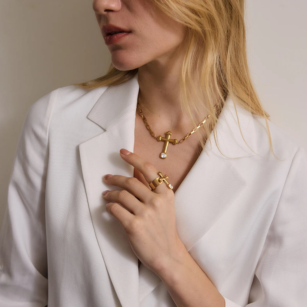 KIKA Square Zircon Cross Necklace Ring Jewelry Set For Women Minimalist 18K Gold PVD Plated Stainless Steel 316L