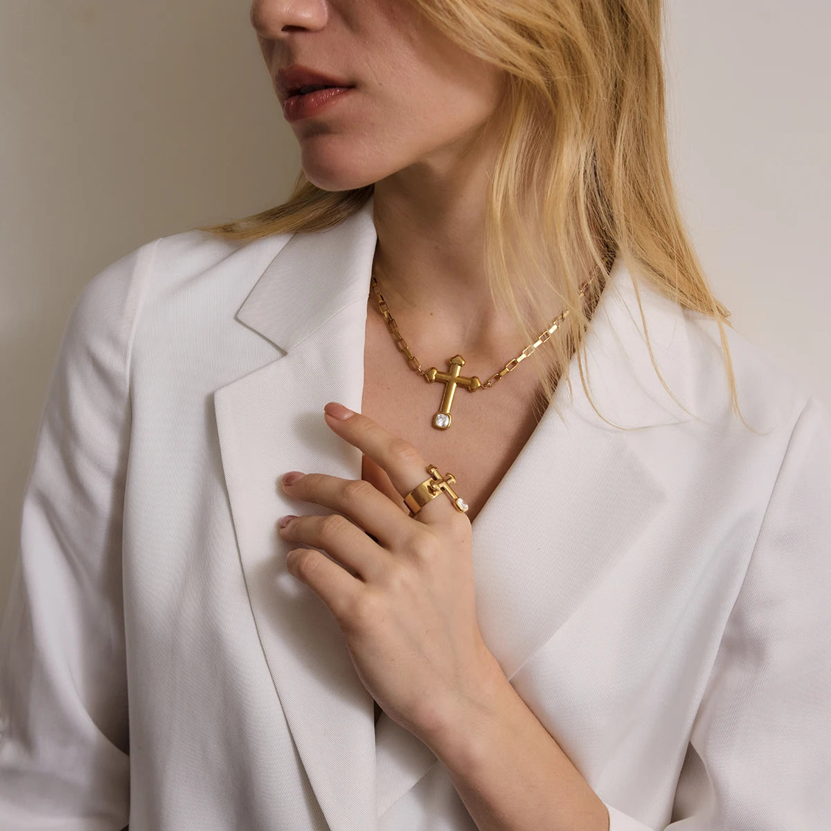 KIKA Square Zircon Cross Necklace Ring Jewelry Set For Women Minimalist 18K Gold PVD Plated Stainless Steel 316L