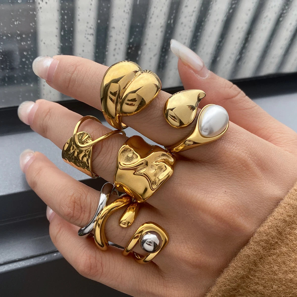 Kika Minimalist 18K Gold Color Plated Stainless Steel Waterdrop Pearl Ring