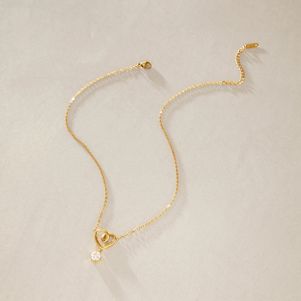 KIKA Twisted Heart Round Zircon Pendant Necklace For Women Minimalist 18K Gold Plated Stainless Steel Necklace Fashion Jewelry