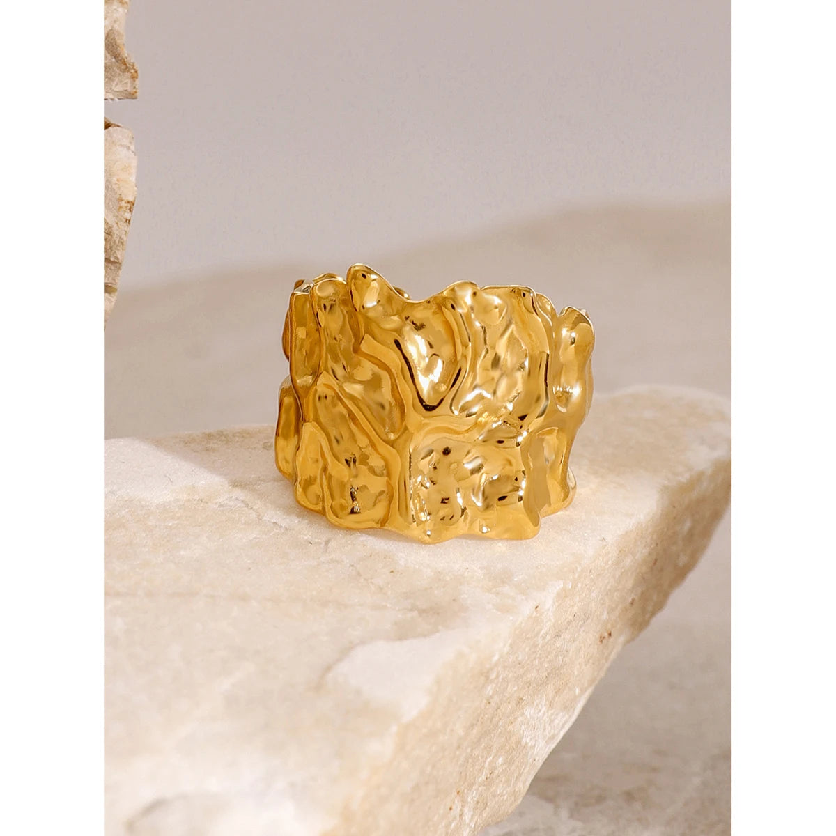 kika Stainless Steel With 18k Gold Color Plated Hammered Wide Open Ring