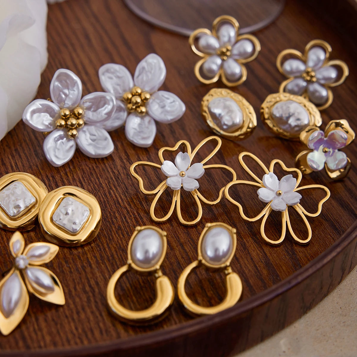 KIKA Vintage Elegant 18K Gold Color PVD Plated Stainless Steel 316L Resin Pearl Zircon Maple Leaf Earrings