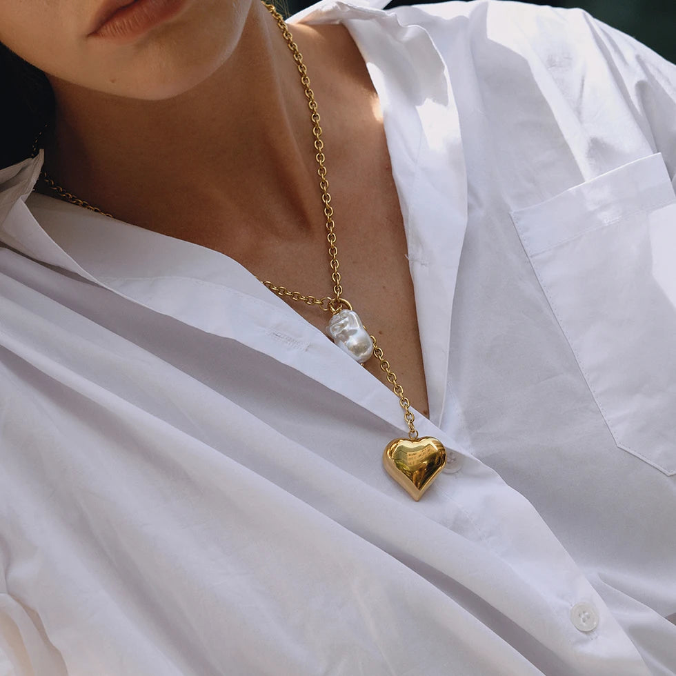 Kika Classic Trendy 18K Gold Color Plated Irregular Pearl Heart Pendant Tassel Y-Shape Necklace