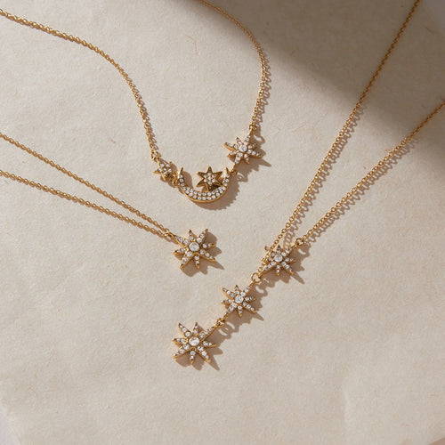 Kika Classic Crystal Moon Star Pendant Necklace Minimalist 18K Gold Plated Stainless Steel 316L
