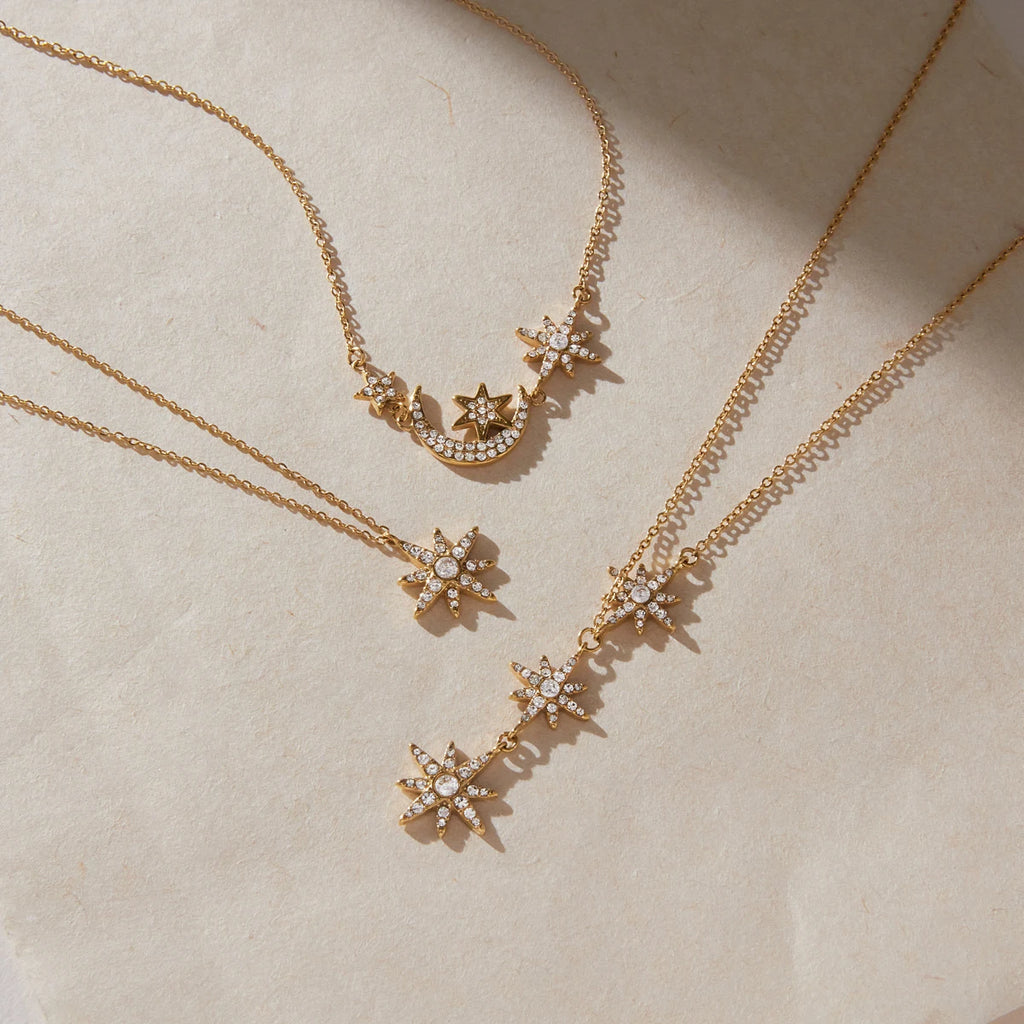 Kika Classic Crystal Moon Star Pendant Necklace Minimalist 18K Gold Plated Stainless Steel 316L
