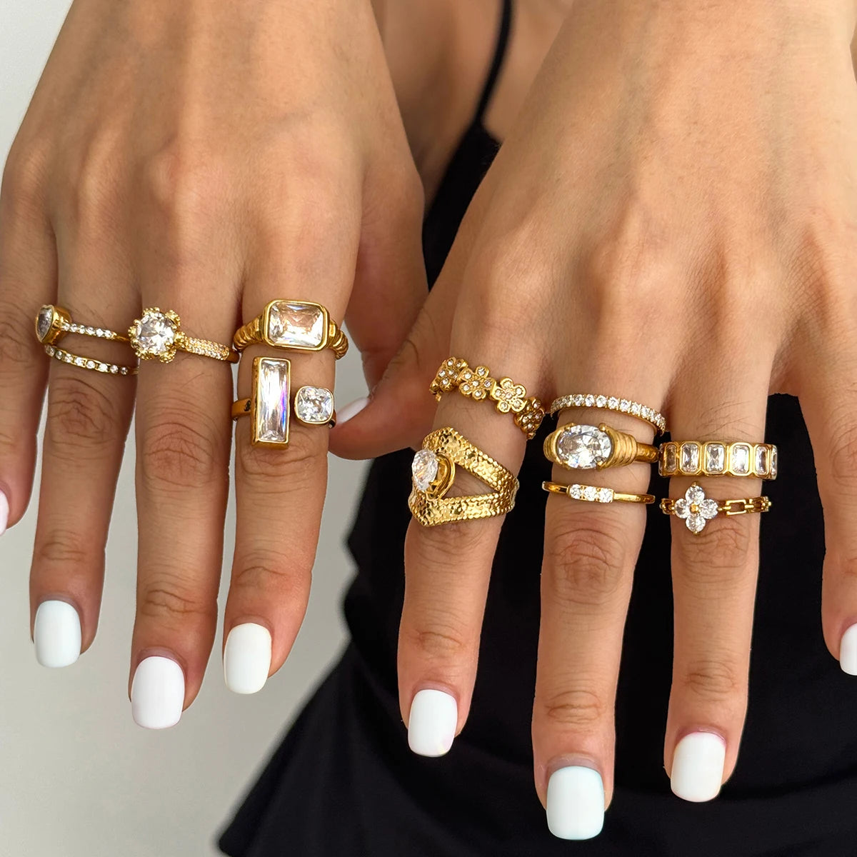 KIKA Minimalist 18K Gold Color PVD Plated Stainless Steel 316L Geometric Zircon Flower Ring Stackable Texture Ring