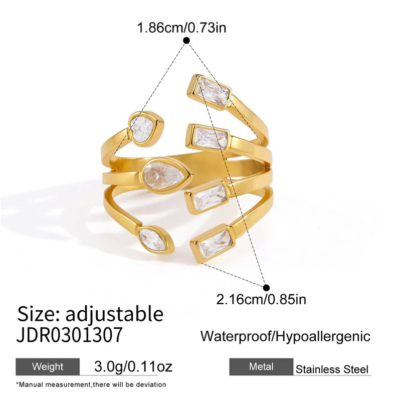 KIKA Delicate Geometric Zircon Multilayer Open Rings PVD Plated Stainless Steel 316L