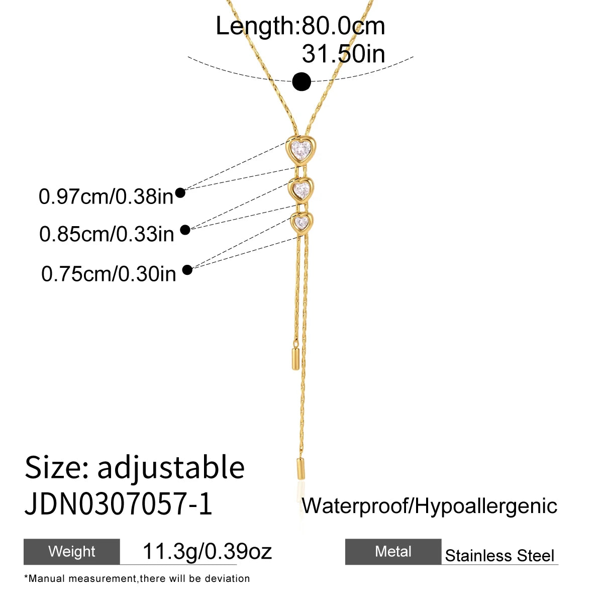 KIKA Round Heart Zircon Adjustable Long Chain Necklace For Women 18K Gold PVD Plated Stainless Steel 316L