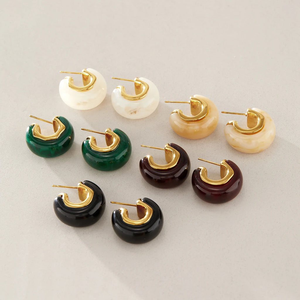 KIKA Vintage Chunky C Shape Resin Stud Earrings For Women 18K Gold PVD Plated Stainless Steel 316L