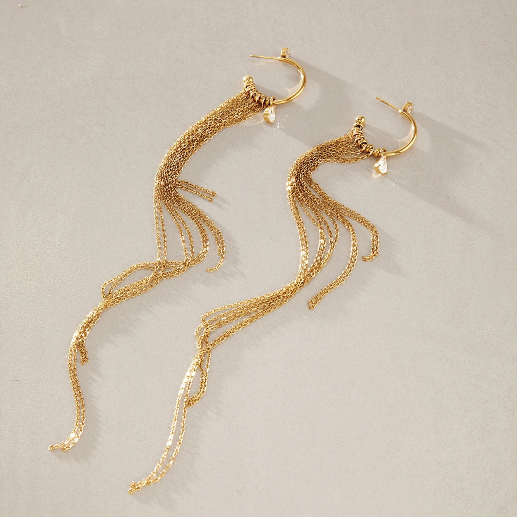 KIKA Classic Water Drop Zircon Long Chains Tassel Earrings For Women 18K Gold Plated Stainless Steel 316L