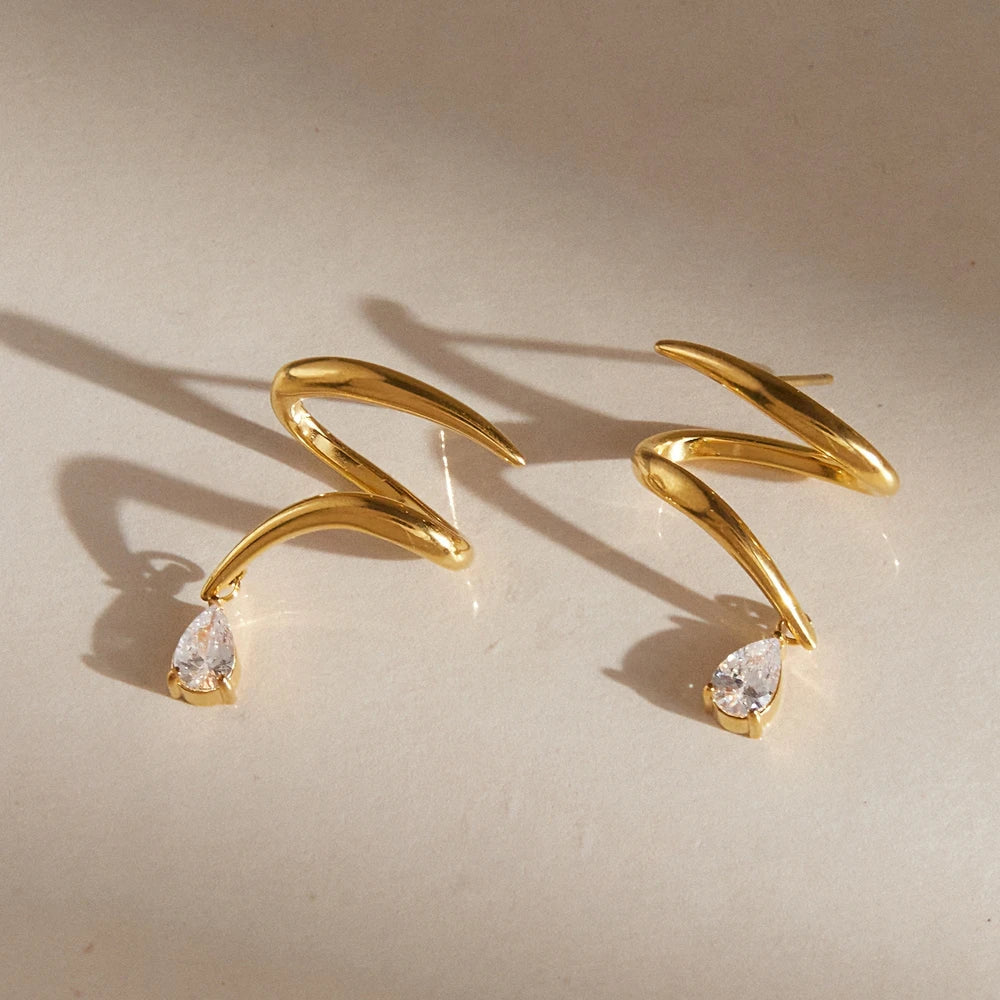 Kika Water Drop Zircon Earrings Minimalist Wave Shape 18K Gold PVD Plated Stainless Steel 316L