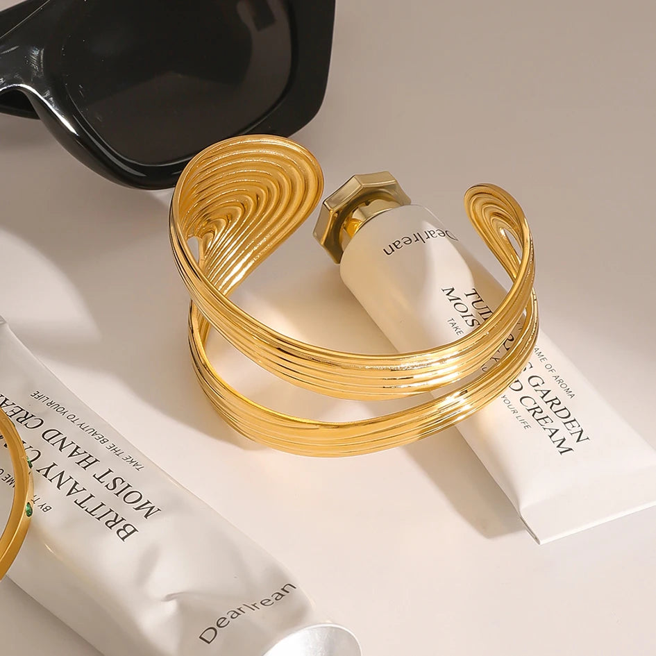 Ribbed Double Layered Hollow Bracelet Adjustable Bangle