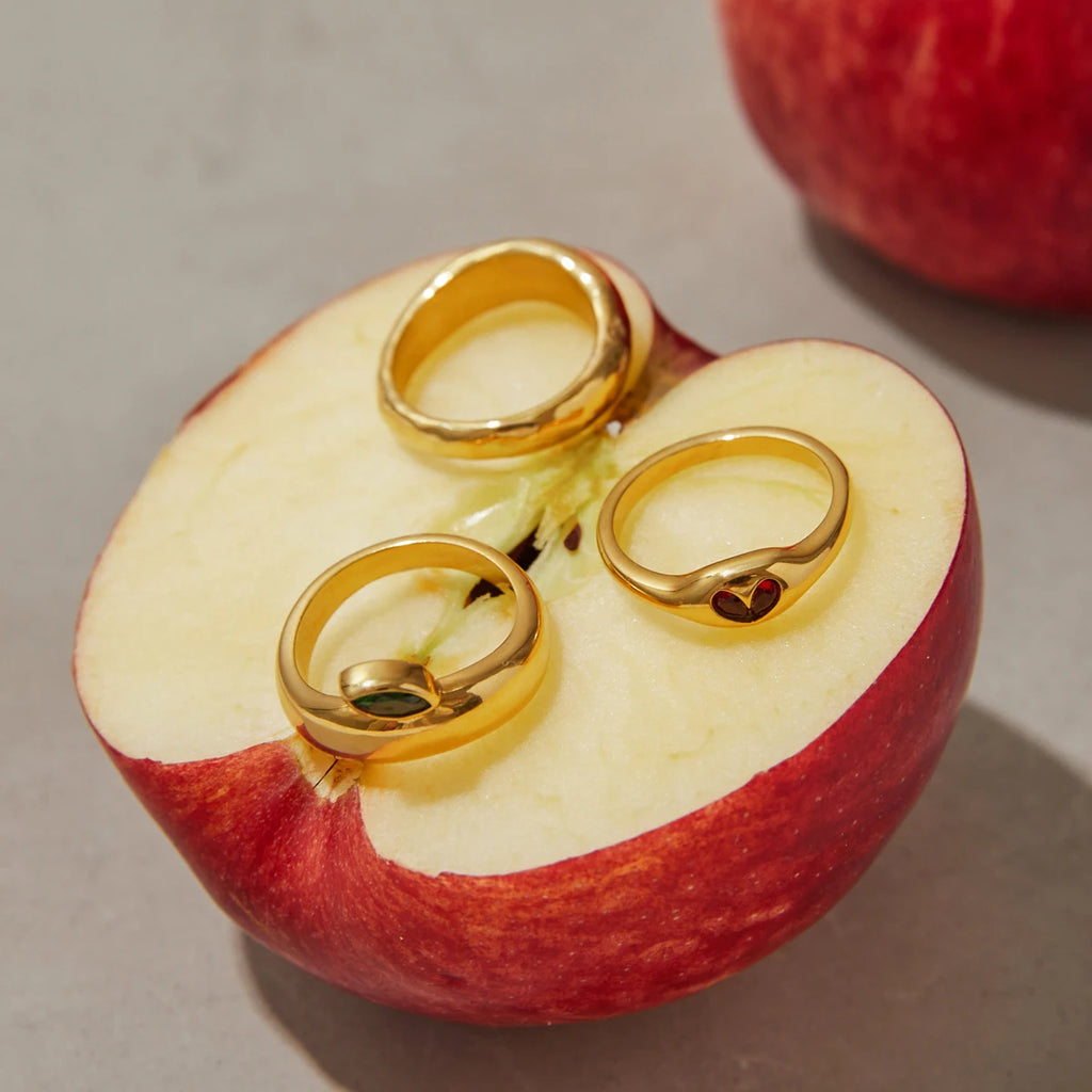 KIKA Fashion Independent Designer's 18K Gold Color Plated Stainless Steel Apple Hammer Pattern Stackable Ring Women's Jewelry
