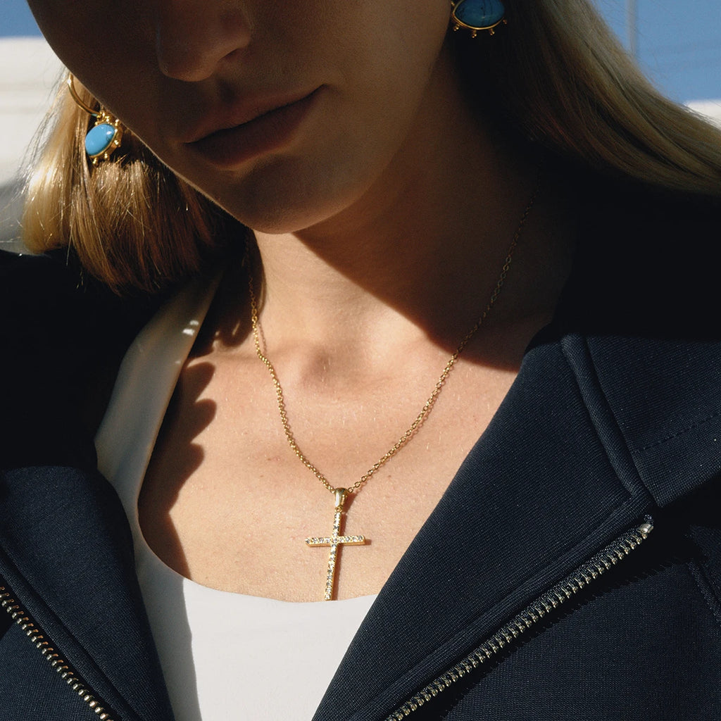 Kika Classic Fashion 18K Gold Color Plated Inlay White Zircon Cross Pendant Necklace