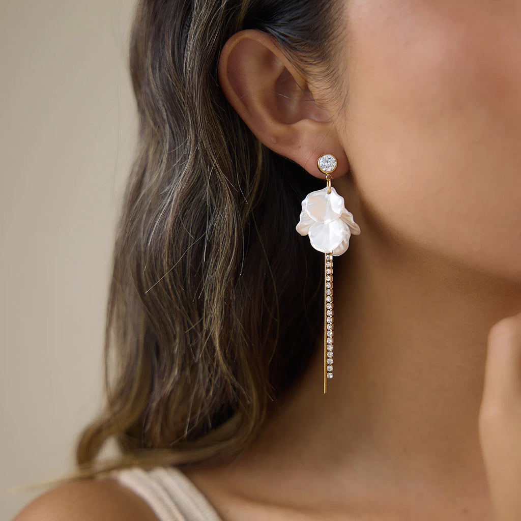KIKA Delicate White Zircon Chain Acrylic Pearl Sheet Tassel Dangle OVD Plated Stainless Steel 316L