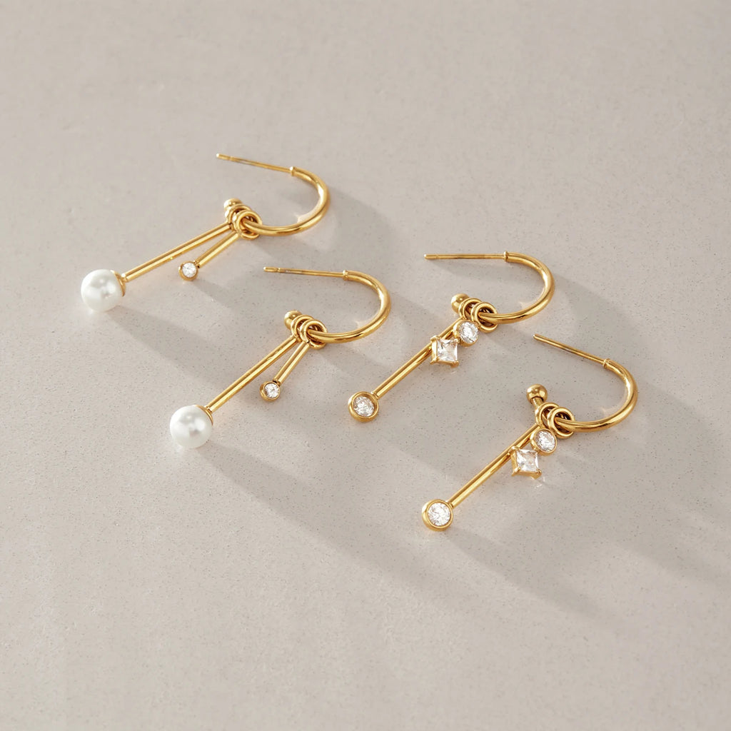KIKA Detachable Zircon Imitation Pearl Drop Earrings PVD 18K Gold Plated Stainless Steel 316L