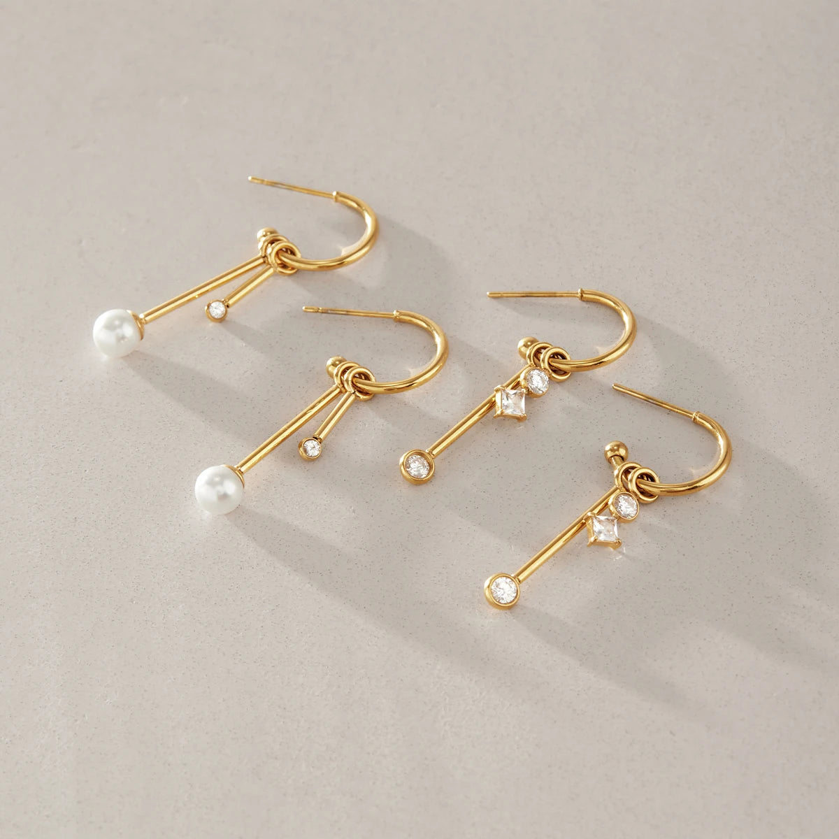 KIKA Detachable Zircon Imitation Pearl Drop Earrings PVD 18K Gold Plated Stainless Steel 316L