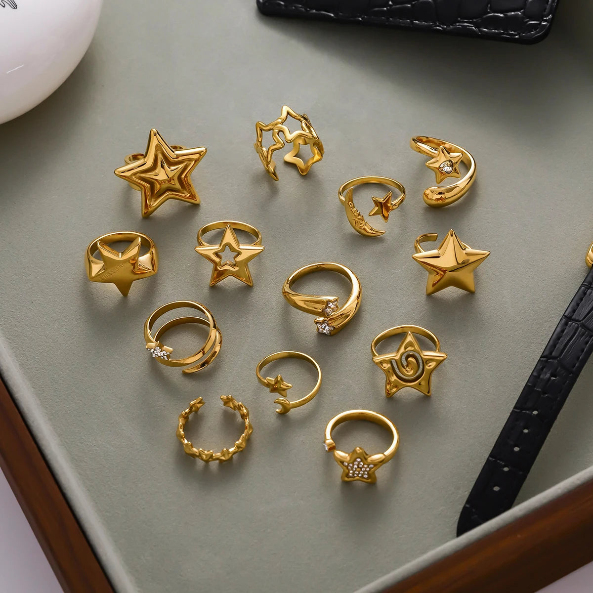 KIKA Unique Designer 18K Gold Color PVD  Plated Stainless Steel 316L Rhinestone Pentagram Rings Stackable