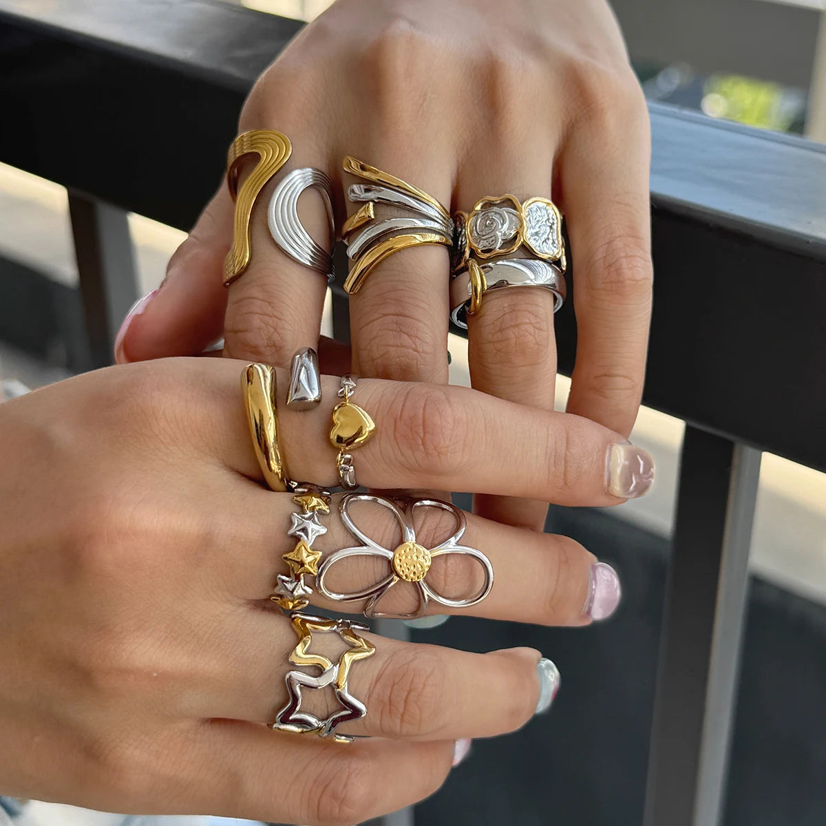 KIKA Minimalist Stainless Steel 3216L Two tone Hollow Flower Ring Stackable Texture Ring