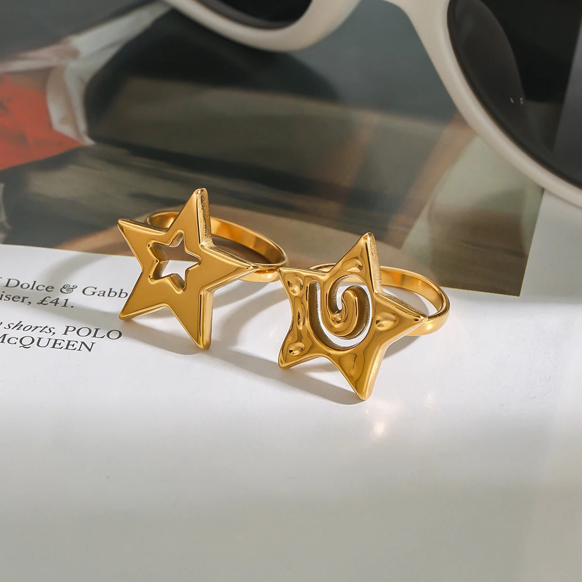 Kika Minimalist Smooth Five pointed Star Hollow Ring 18K Gold Color Plated Stainless Steel Star Ring