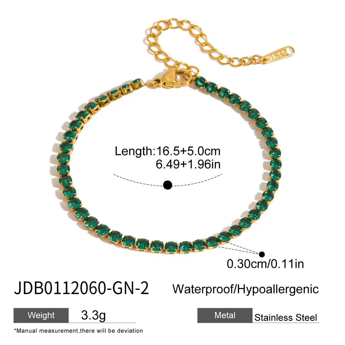 Kika Fashion Trend 18K Gold Color Plated Stainless Steel Rectangular Green Zirconia Chain Bracelet