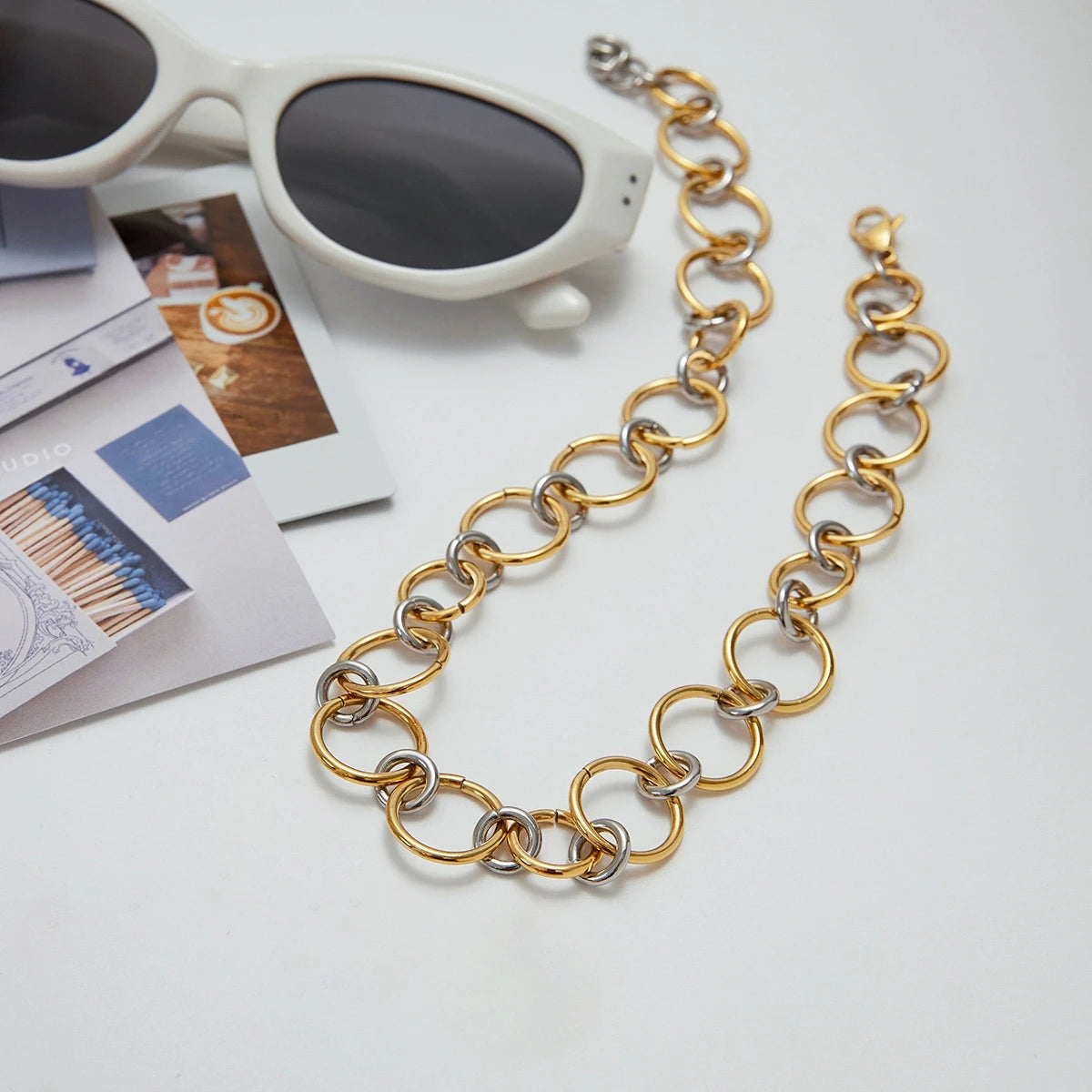 Kika Minimalist 18K Gold Color Stainless Steel Two tone Size Handmade Connection Ring Necklace