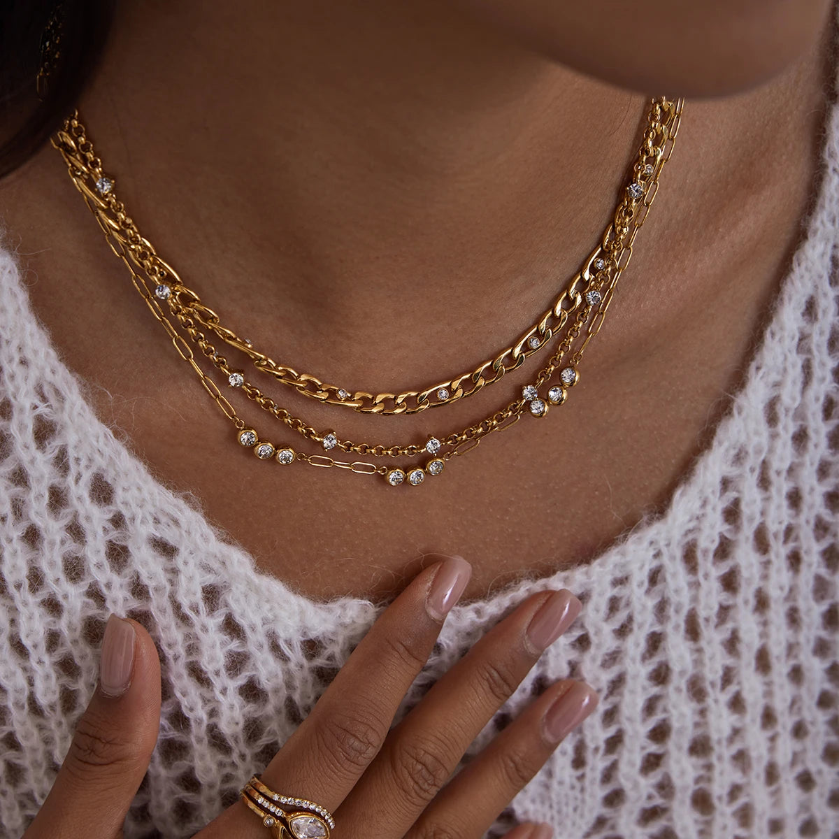 Kika Classic Gold Color White Zircon Chain Necklace