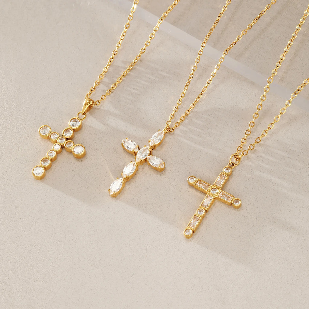 KIKA Classic Zircon Cross Pendant Necklace For Women Minimalist 18K Gold PVD Plated Stainless Steel Necklace Fashion Jewelry
