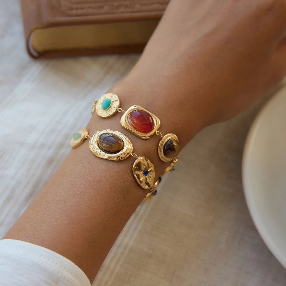 KIKA Vintage Mixed Natural Stone Bracelet For Women Waterproof 18K Gold PVD Plated Stainless Steel Bracelet Fashion Jewelry