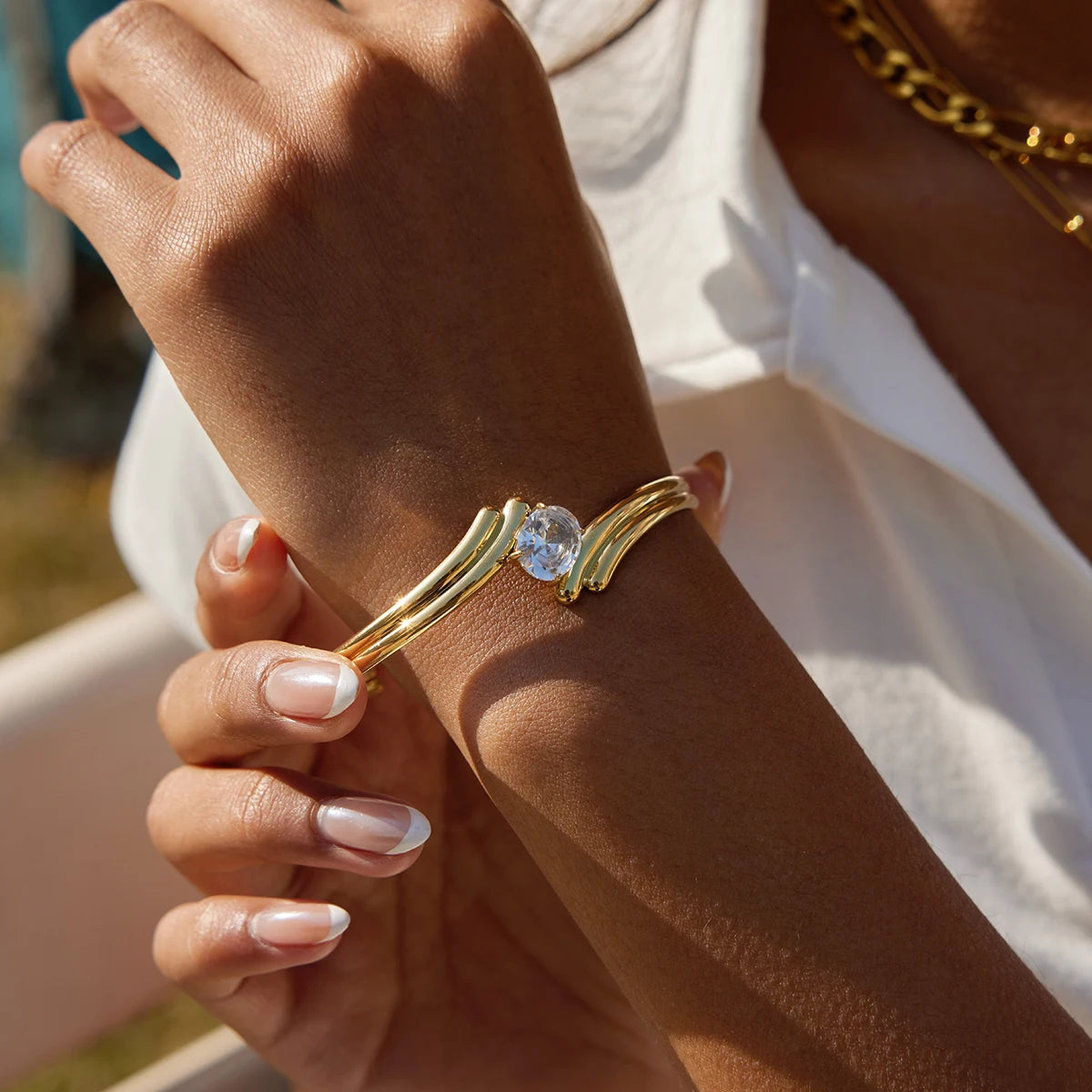 Kika Classic 18K Plated Irregular White Zircon Double-Layer Open Bracelet Stainless Steel
