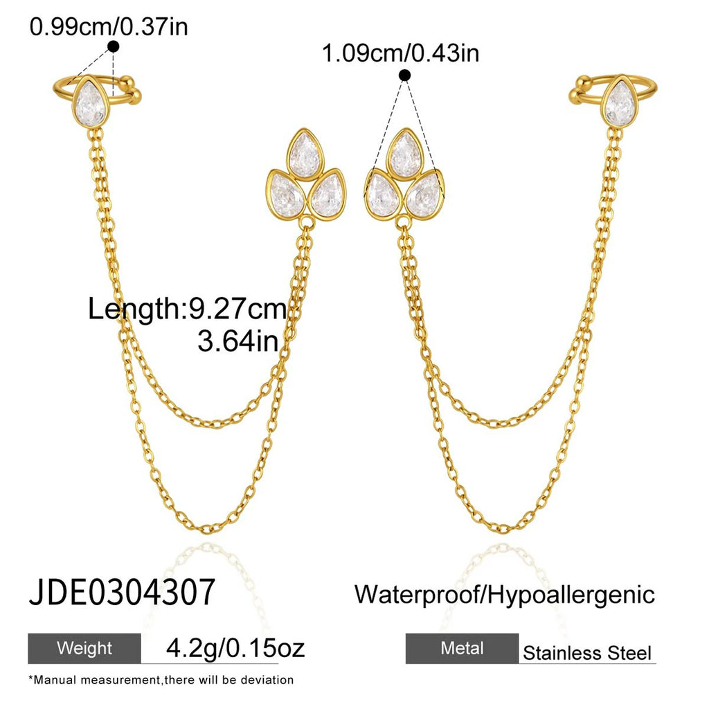 Kika Water Drop Zircon Chain Tassel Earrings 18K Gold PVD Plated Stainless Steel