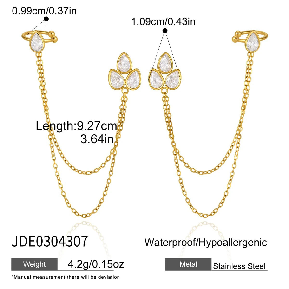 Kika Water Drop Zircon Chain Tassel Earrings 18K Gold PVD Plated Stainless Steel