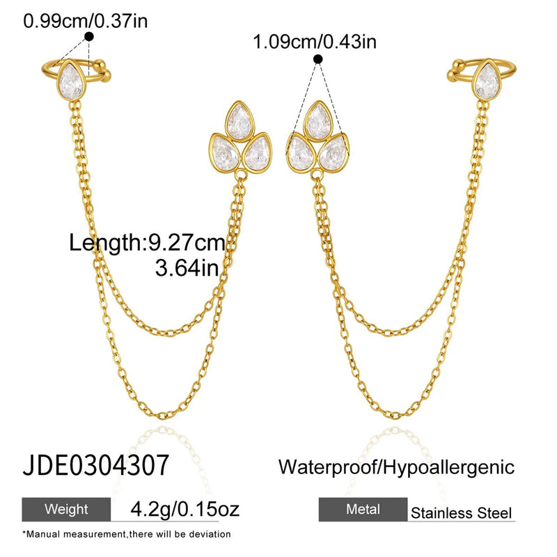 Kika Water Drop Zircon Chain Tassel Earrings 18K Gold PVD Plated Stainless Steel