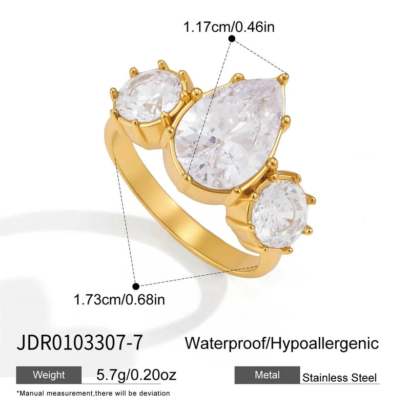KIKA Classic Three Stone Ring PVD Plated Stainless Steel 316L Hypoallergenic Waterproof