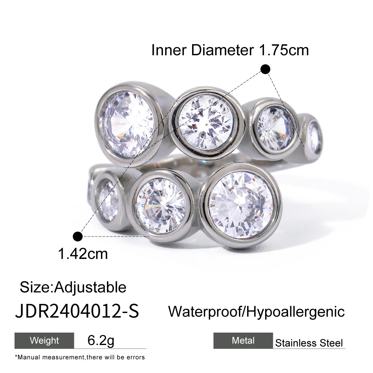 KIKA Waterproof Luxury Shiny Cubic Zirconia Exquisite Stainless Steel 316L Chic Open Ring Adjustable