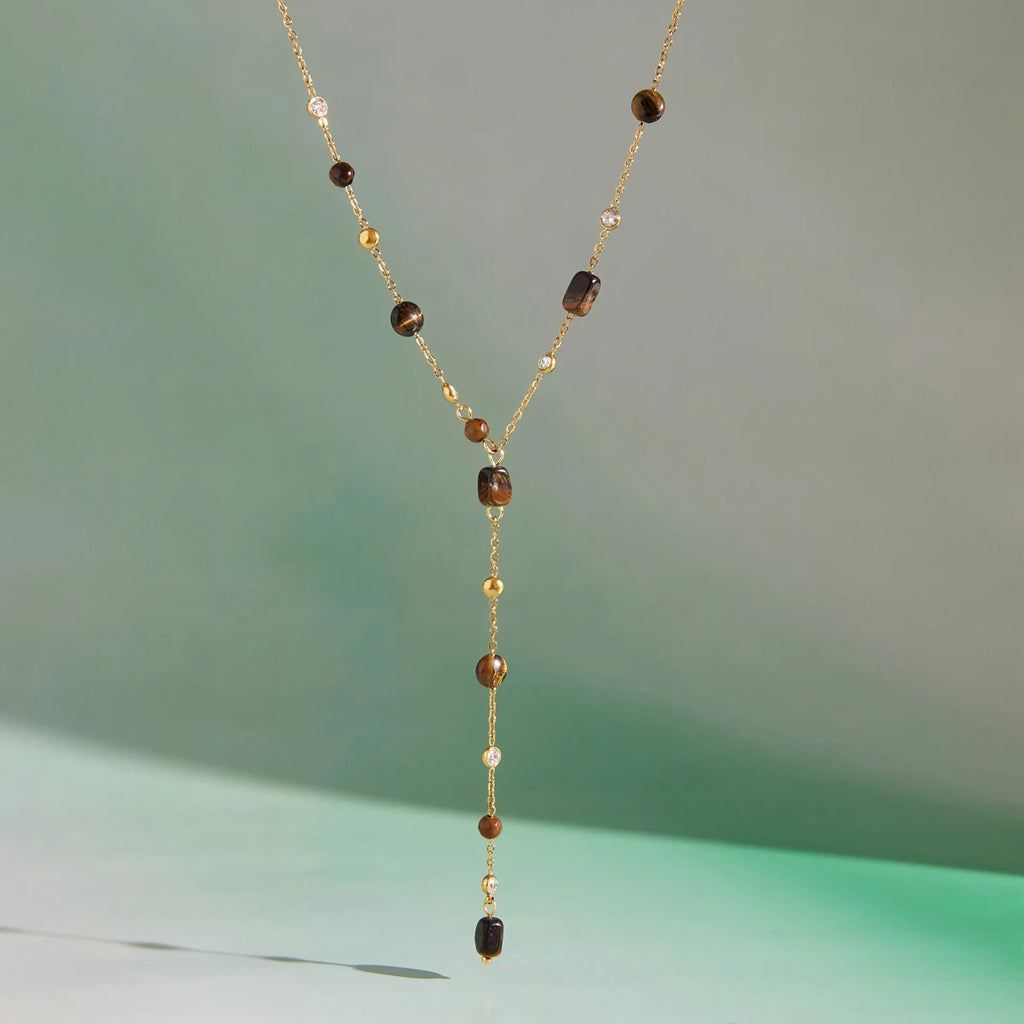 KIKA Tiger Eye Stone Pendant Y Shape Chain Necklace For Women 18K Gold Plated Stainless Steel Necklace Fashion Jewelry Gift