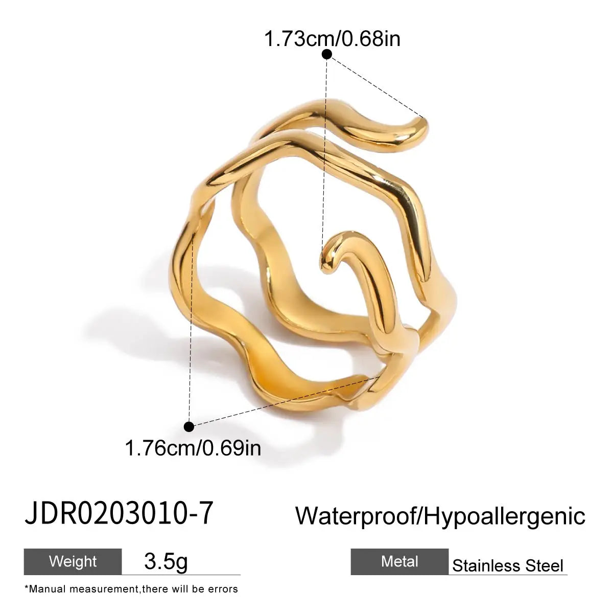 KIKA Minimalist 18K Gold Color PVD Plated Stainless Steel 316L Double Layer Wave Ring Three Layer Line Stackable Ring