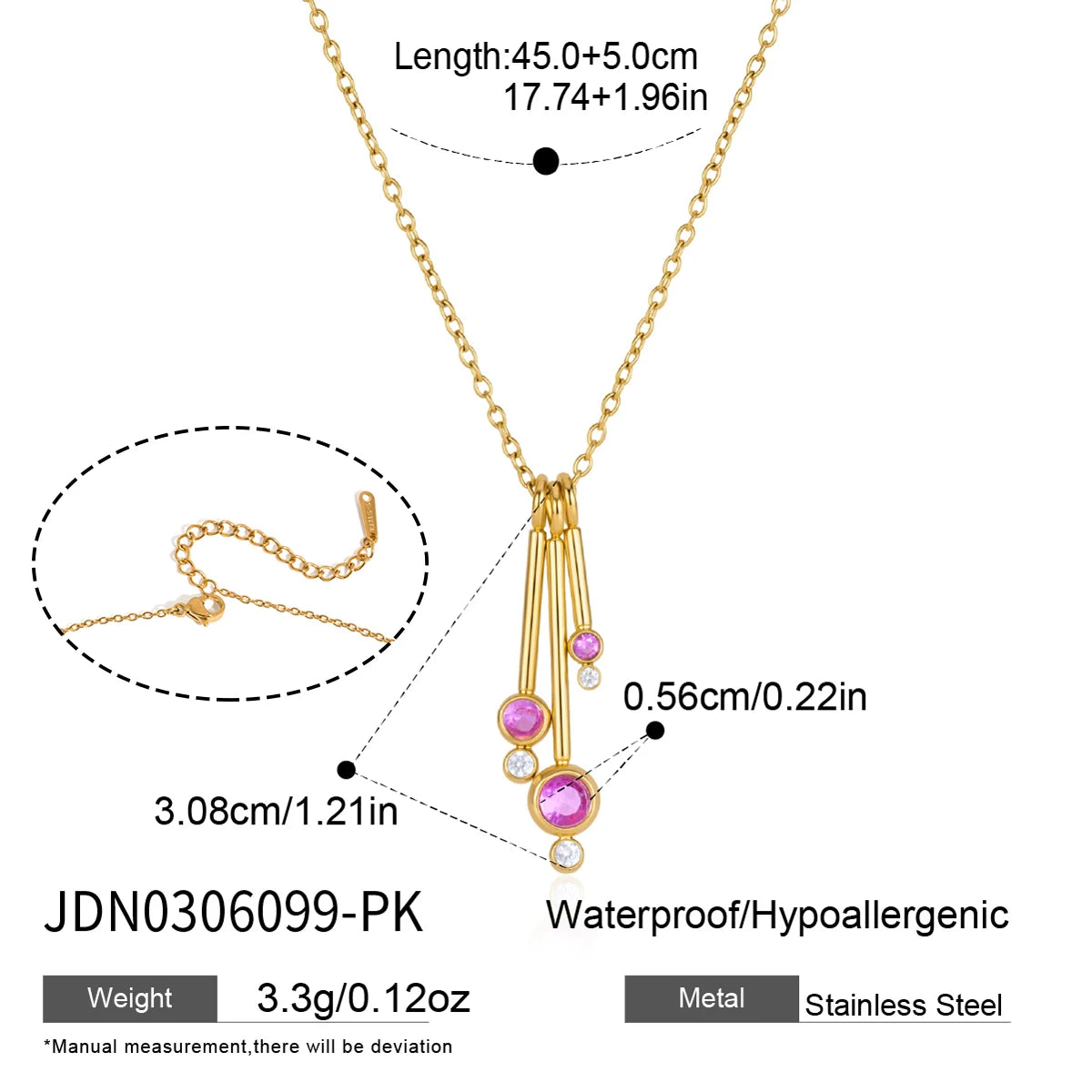 KIKA Round Zircon Stick Pendant Necklace PVD Gold Plated Stainless Steel 316L