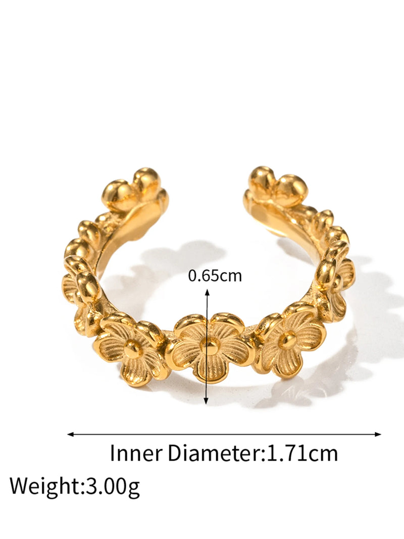 Kika Fashionable Sweet 18K Gold Color Plated Stainless Steel Pearl Five Petal Flower Ring