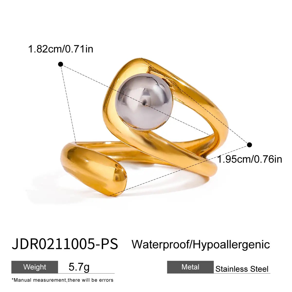 KIKA Minimalist 18k Gold Color PVD Plated Stainless Steel 316L Double tone Line Hollow Steel Ball Ring Personality Statement Stackable