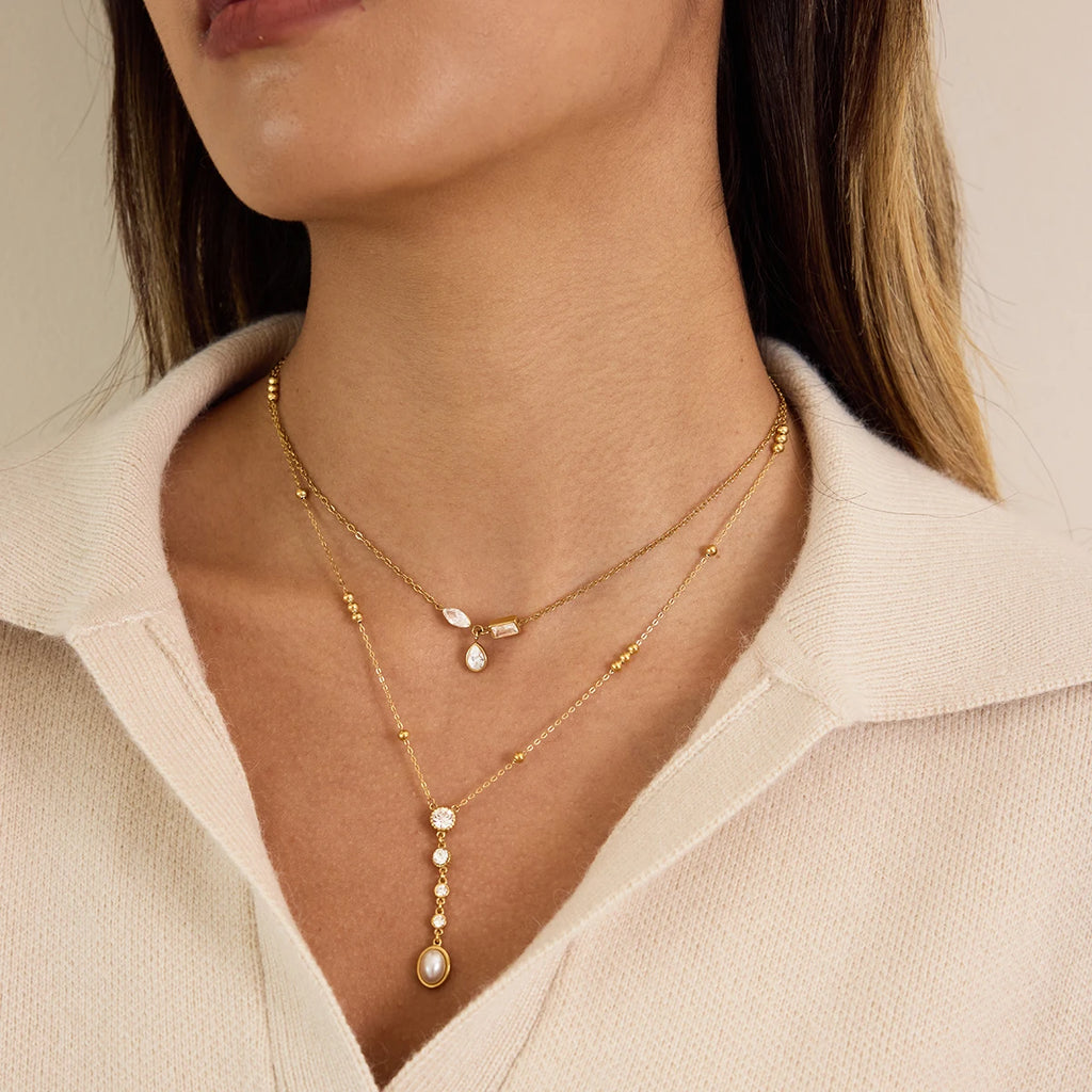 Kika Classic Plated Gold Color Stainless Steel Imitation Pearl Y-Shaped Chain Necklace